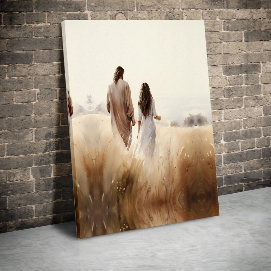 Jesus Walking With Woman Canvas Art | Watercolor Religious Wall Decor | Premium 1.25-inch Gallery Wrap | Spiritual Christian Home Gift