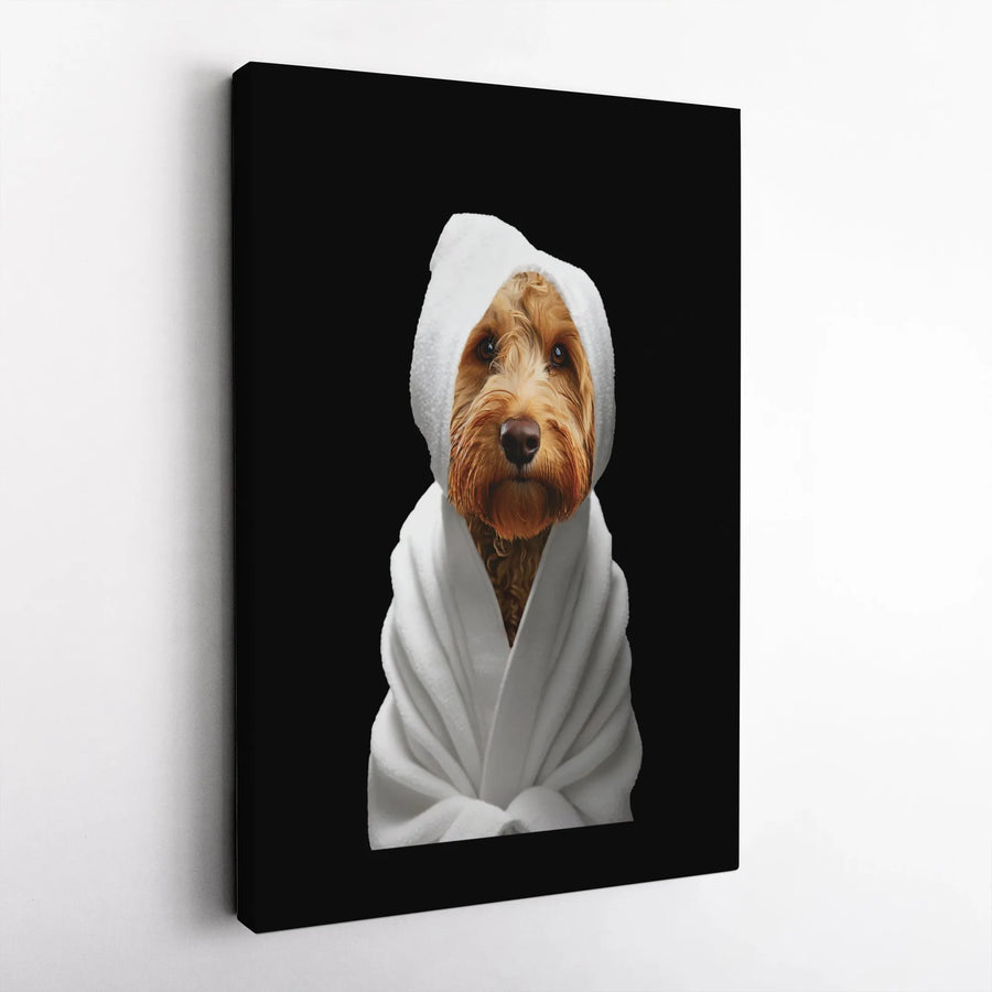 Cockapoo Dog in Bathrobe Canvas Wall Art | Funny Pet Portrait | Premium Gallery Wrapped Print | Unique Dog Lover Gift for Bathroom Decor
