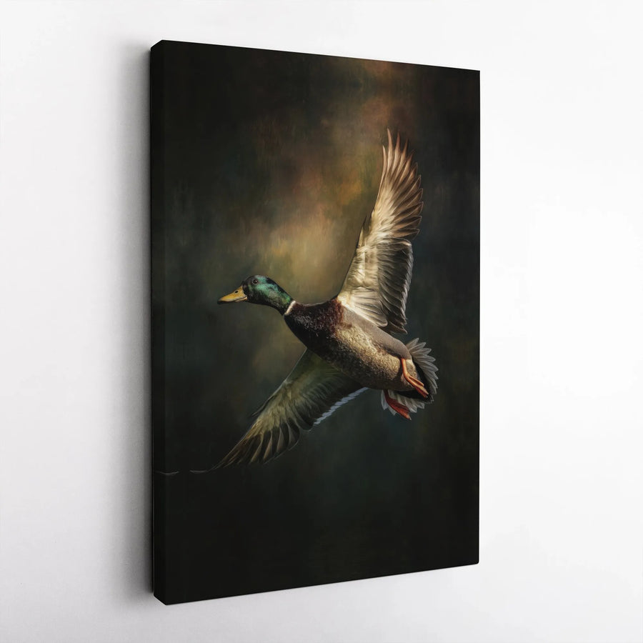 Mallard Duck Canvas Wall Art | Flying Bird Nature Portrait | Gallery Wrap Premium Print | Rustic Lodge Decor Gift for Hunters