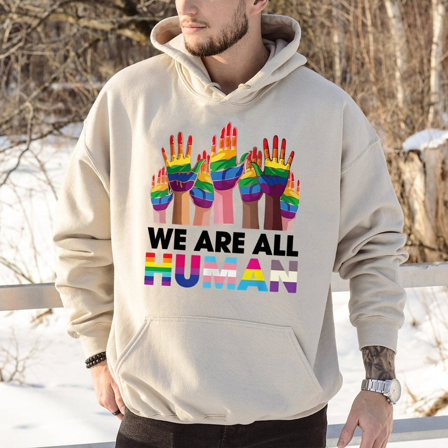 We Are All Human Hoodie | Rainbow LGBTQ Pride Flag Graphic | Premium Cotton-Poly Blend | Inclusive Gift For Equality Supporters