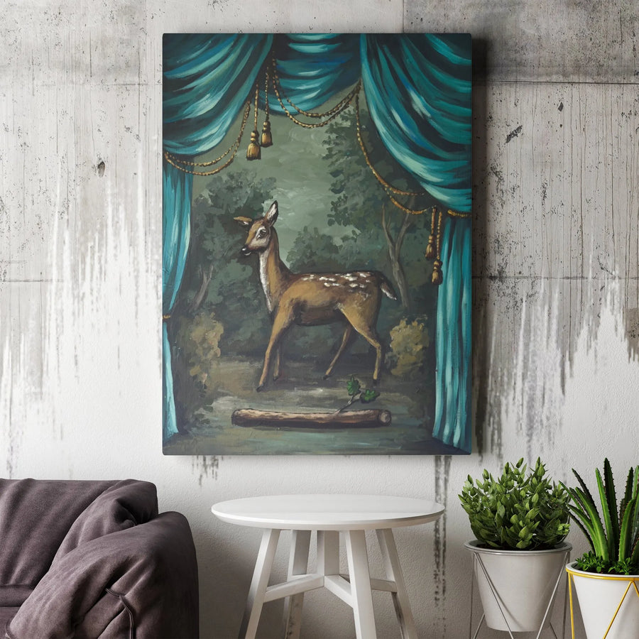 Vintage Deer Vertical Canvas | Theatrical Forest Scene Wall Art | Premium Gallery Wrapped Print | Eclectic Home Decor Gift