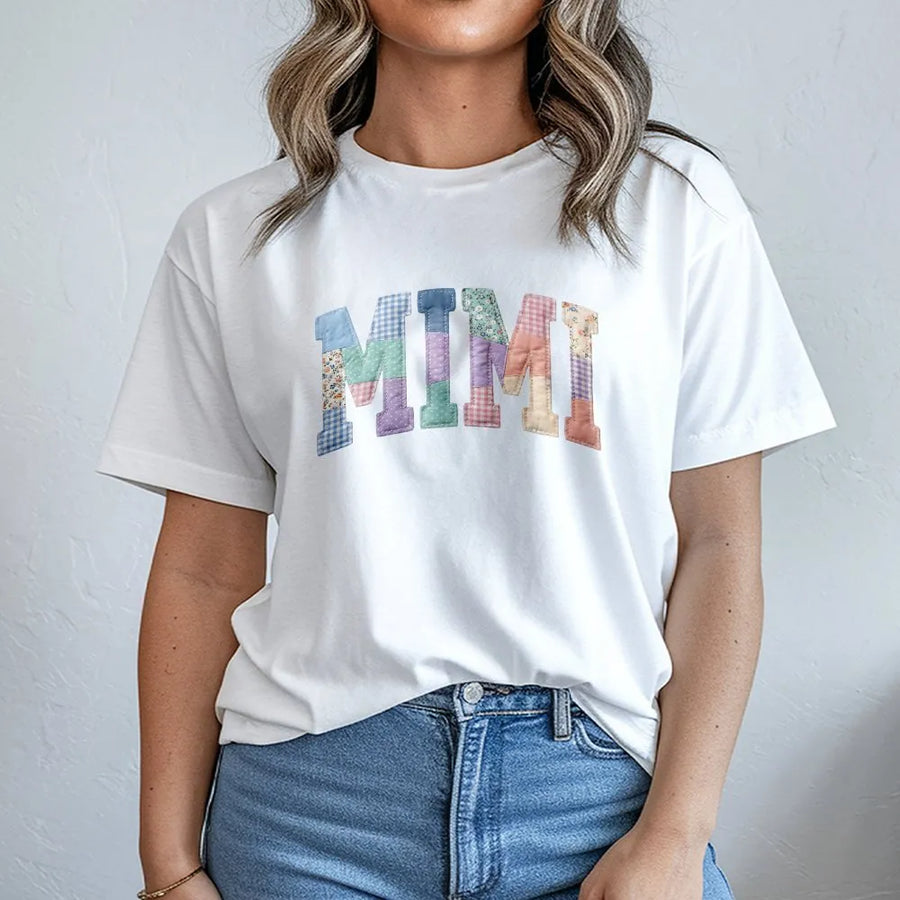 Mimi T-Shirt | Printed Patchwork Varsity Letters | Cozy Unisex Crewneck | Grandma Core Gift for New Grandmother