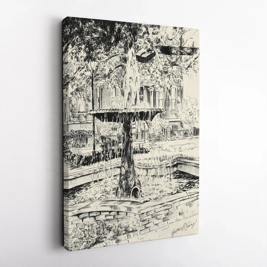 Columbia Square Savannah Canvas Print | Pen & Ink Sketch Wall Art | Premium 1.25" Thick Profile | Unique Georgia Souvenir Gift for Travelers