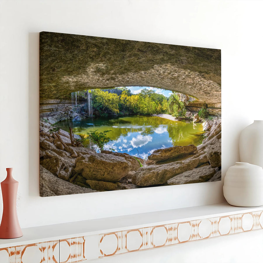Hamilton Pool Texas Landscape Horizontal Canvas | Cave Grotto Waterfall Wall Art Print | Premium 1.25” Gallery Wrap | Living Room Office Decor Nature Lover Gift