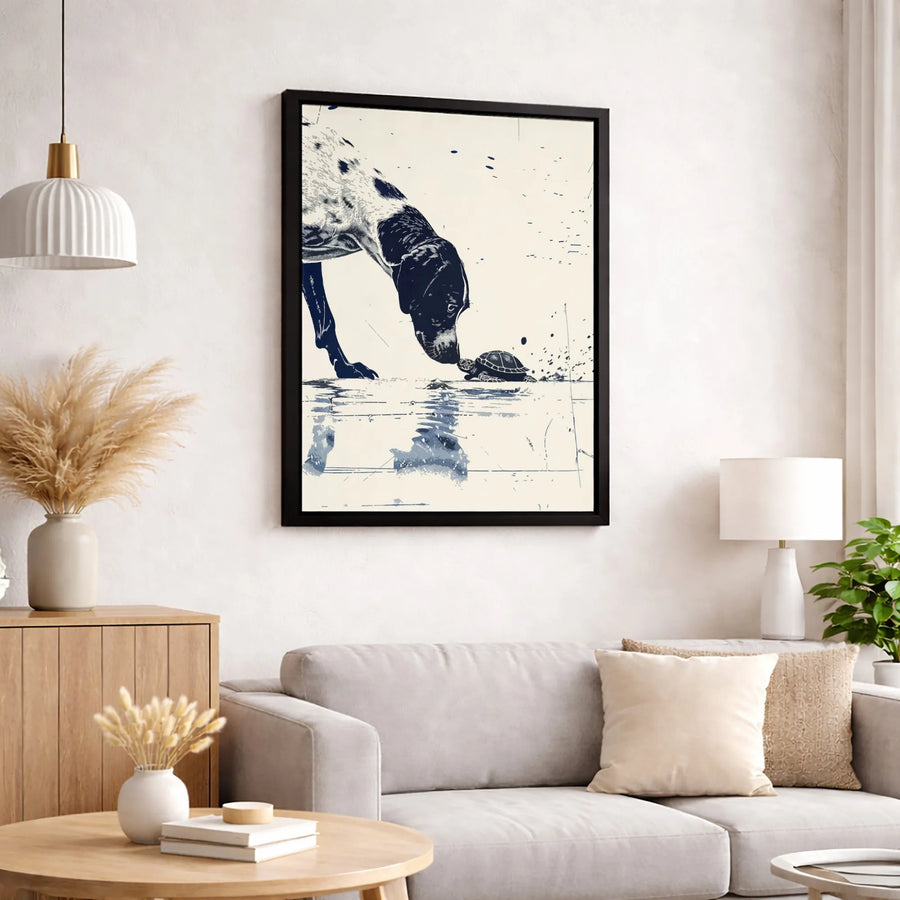 Dog And Turtle Wall Art | Curious Pet Animal Illustration | Premium Gallery Wrapped Canvas | Nature Lovers Home Decor Gift
