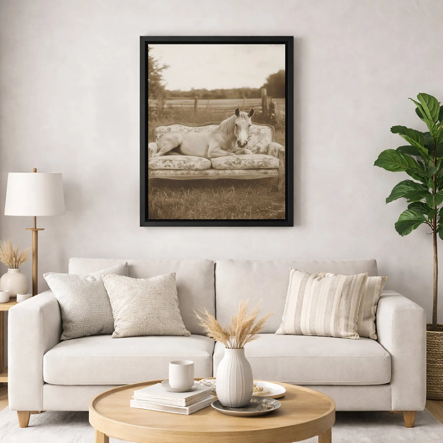 Horse On Sofa Canvas Wall Art | Whimsical Sepia Farmhouse Print | Premium Gallery-Wrapped Decor | Unique Animal Lover Gift