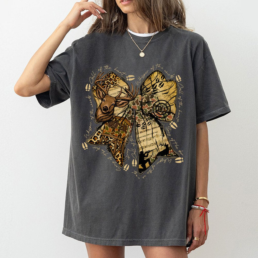 Hunting Coquette Bow T-Shirt | Camo Deer Wildlife Graphic | 100% Cotton Premium Tee | Outdoorsy Gift For Women And Hunters