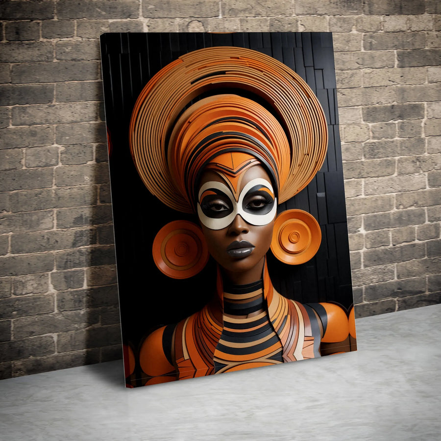 Afrofuturistic Wall Art | Vibrant Orange Headdress Portrait | Premium Gallery-Wrap Canvas | Modern African American Home Decor Gift