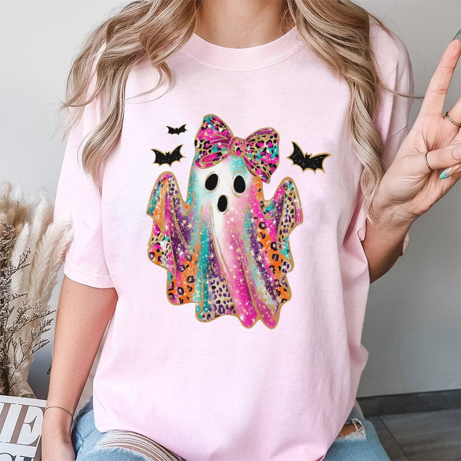 Colorful Leopard Ghost T-Shirt | Cute Halloween Bow Graphic Tee | Premium 100% Cotton Apparel | Spooky Season Gift For Her