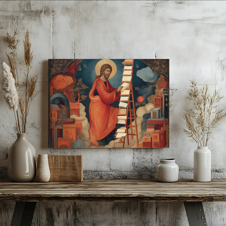 Jesus Christ Writing on Ladder Byzantine Icon | Religious Wall Art | Premium Gallery Wrapped Canvas | Christian Home Decor Gift