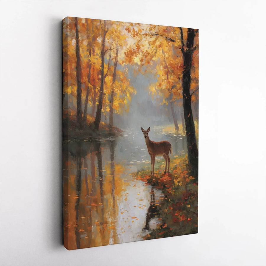 Autumn Deer Canvas Wall Art | Serene Forest River Landscape Painting | Premium Fade-Resistant Gallery Wrap | Rustic Home & Office Decor Gift