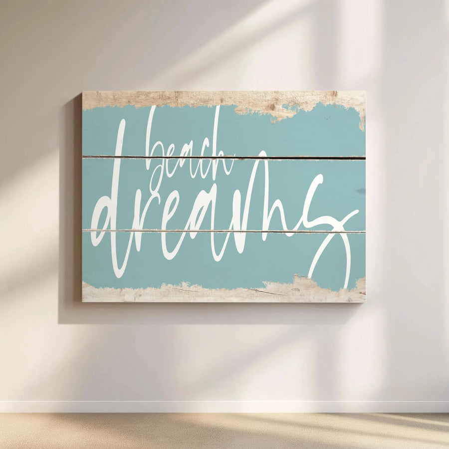 Beach Dreams Canvas Wall Art | Rustic Coastal Wood Plank Sign | Premium Gallery Wrapped Canvas | Beach House Decor Gift for Her