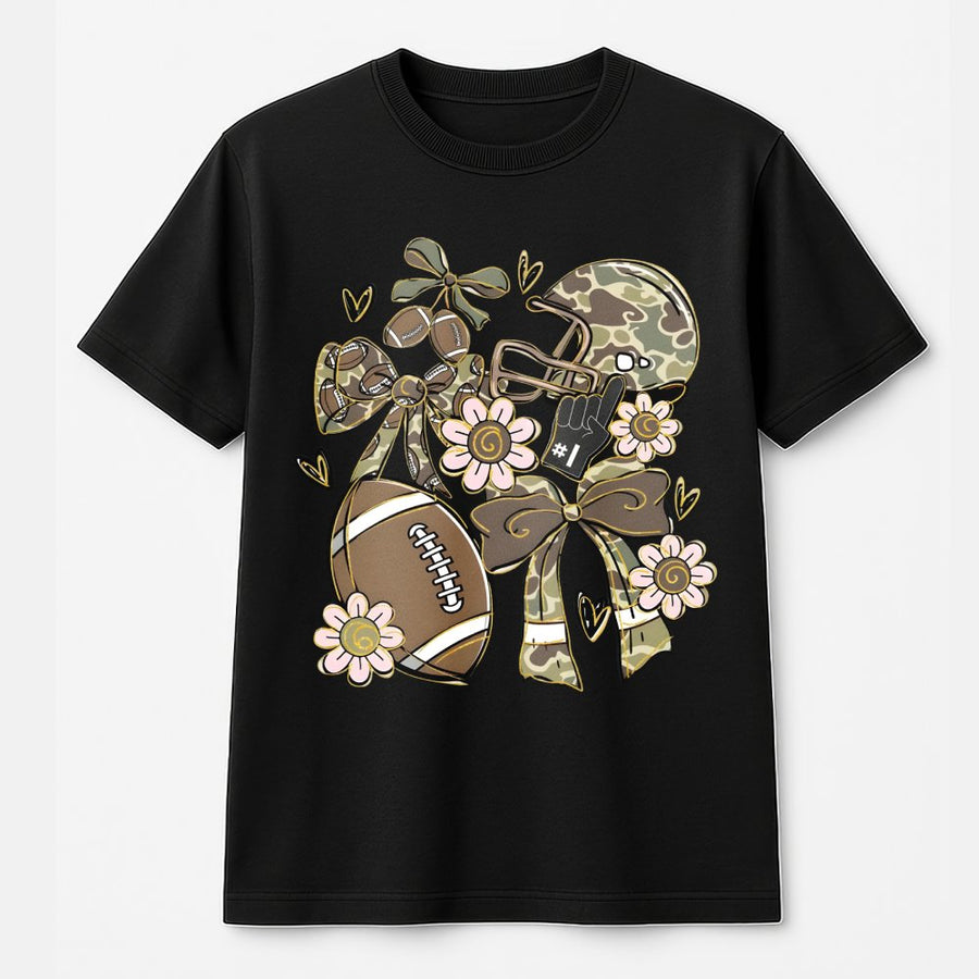 Football Camo T-Shirt | Game Day Aesthetic with Bows and Flowers | 100% Cotton Premium Tee | Cute Fall Sports Fan Gift for Her