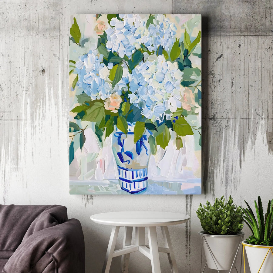 Blue Hydrangea Vertical Canvas | Impasto Floral Painting Print in Chinoiserie Vase | Premium Gallery Wrapped Canvas | Grandmillennial Home Decor Gift