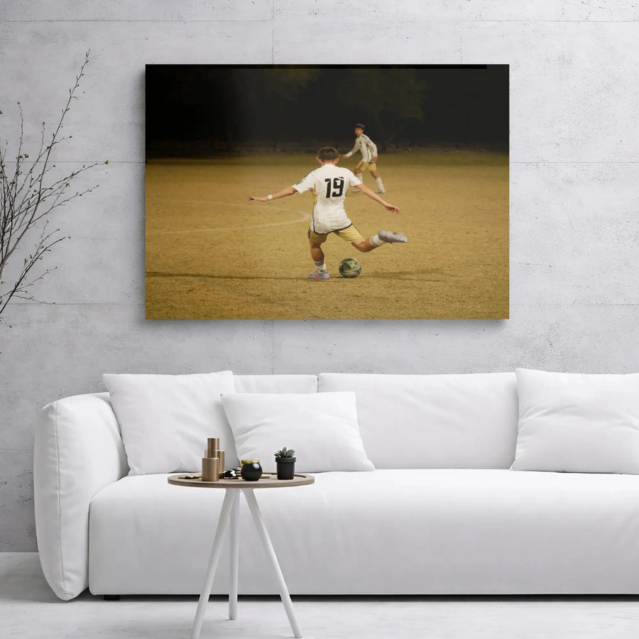 Soccer Action Canvas Wall Art | Night Game Player Number 19 | Premium Gallery Wrap Print | Sports Decor Gift for Athletes and Fans