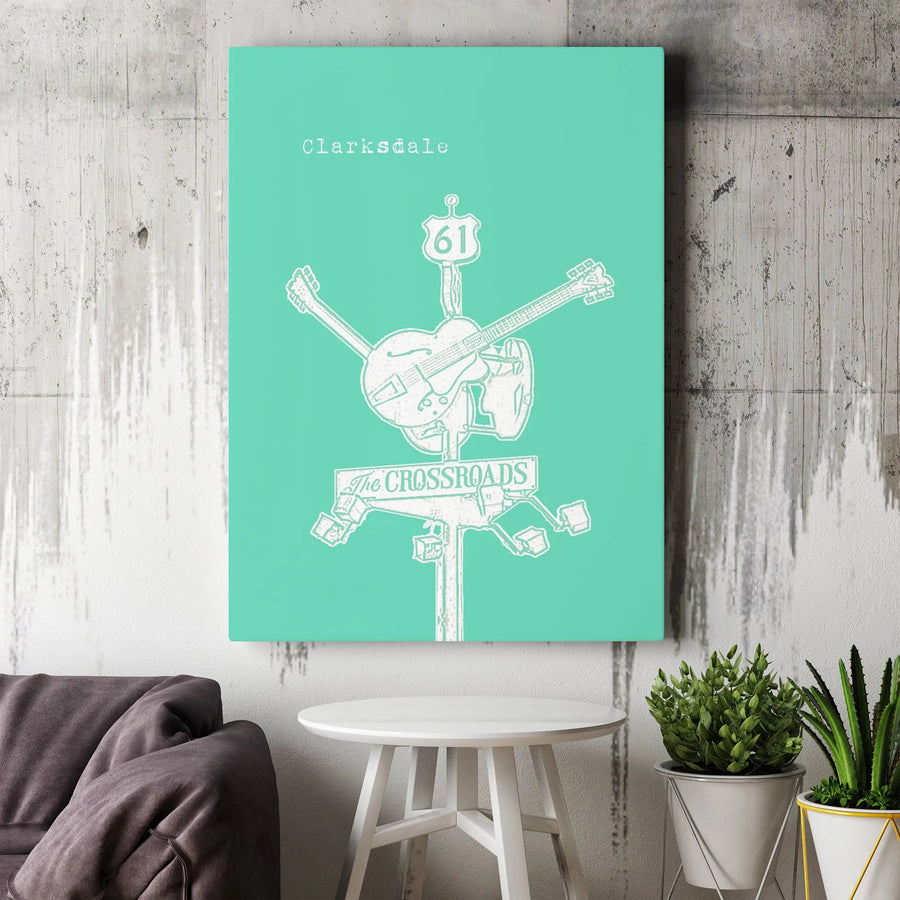Clarksdale The Crossroads Canvas | Highway 61 Guitar Wall Art | Premium Gallery Wrapped Print | Blues Music Fan Gift