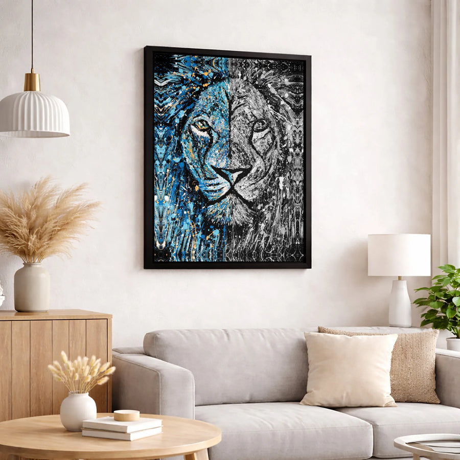 Abstract Lion Canvas Wall Art | Blue and Black Splatter Paint Design | Premium Gallery-Wrapped Print | Modern Home Decor Gift