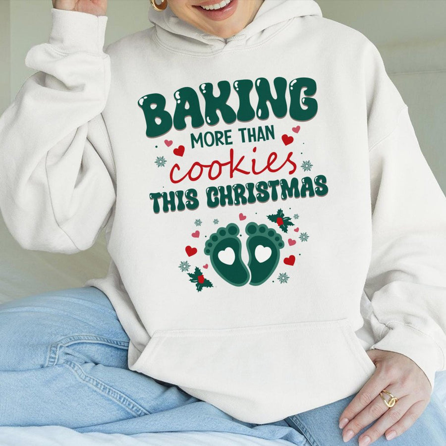 Baking More Than Cookies Pregnancy Announcement Hoodie | Funny Christmas Pregnancy Reveal Sweater | Premium Cotton Blend | Gift for Expecting Mom