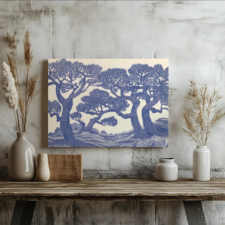 Blue Tree Landscape Wall Art | Linocut Style Nature Print | Premium Gallery Wrapped Canvas | Minimalist Home Decor Gift for Nature Lovers