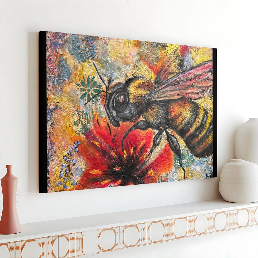 Bumblebee Canvas Wall Art | Textured Abstract Floral Painting | Premium Gallery Wrapped Print | Nature Inspired Home Decor Gift