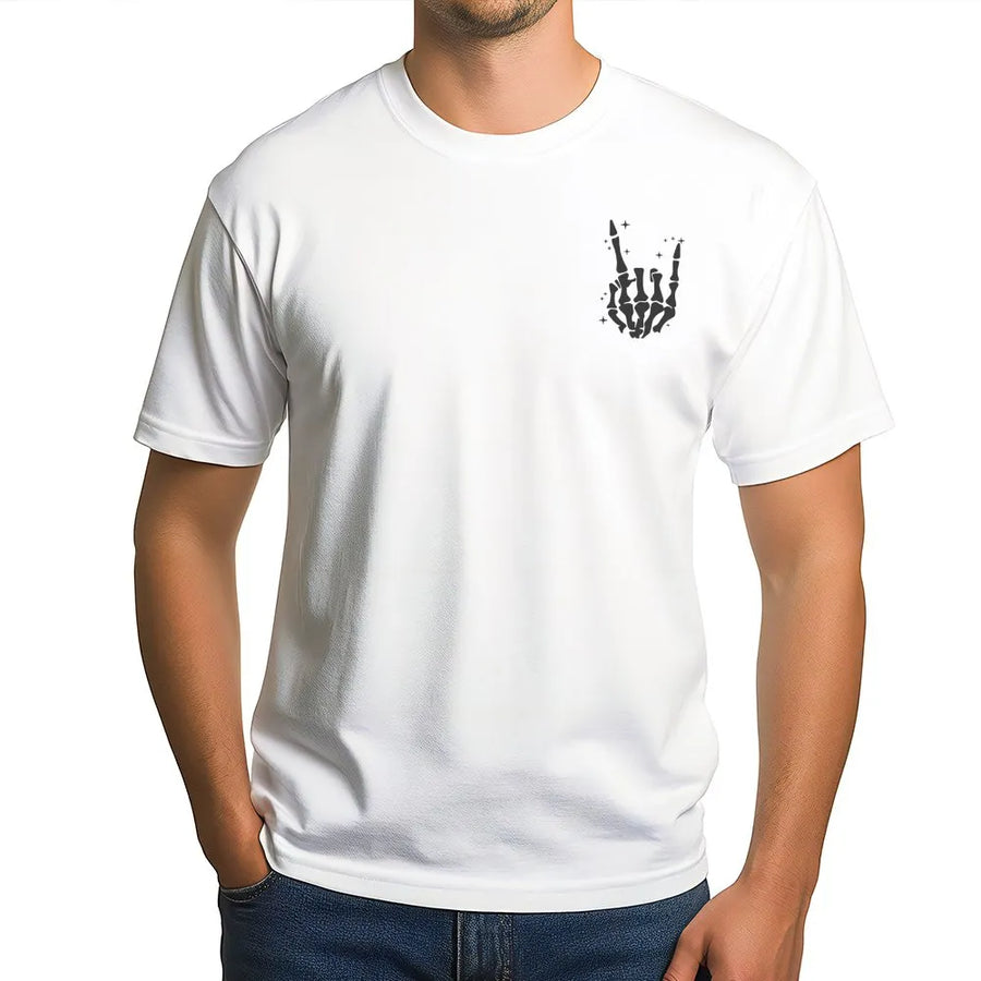 Skeleton Hand Rock On T-Shirt | Spooky Minimalist Graphic Tee | Premium Soft Cotton | Unisex Halloween Gift for Music Fans