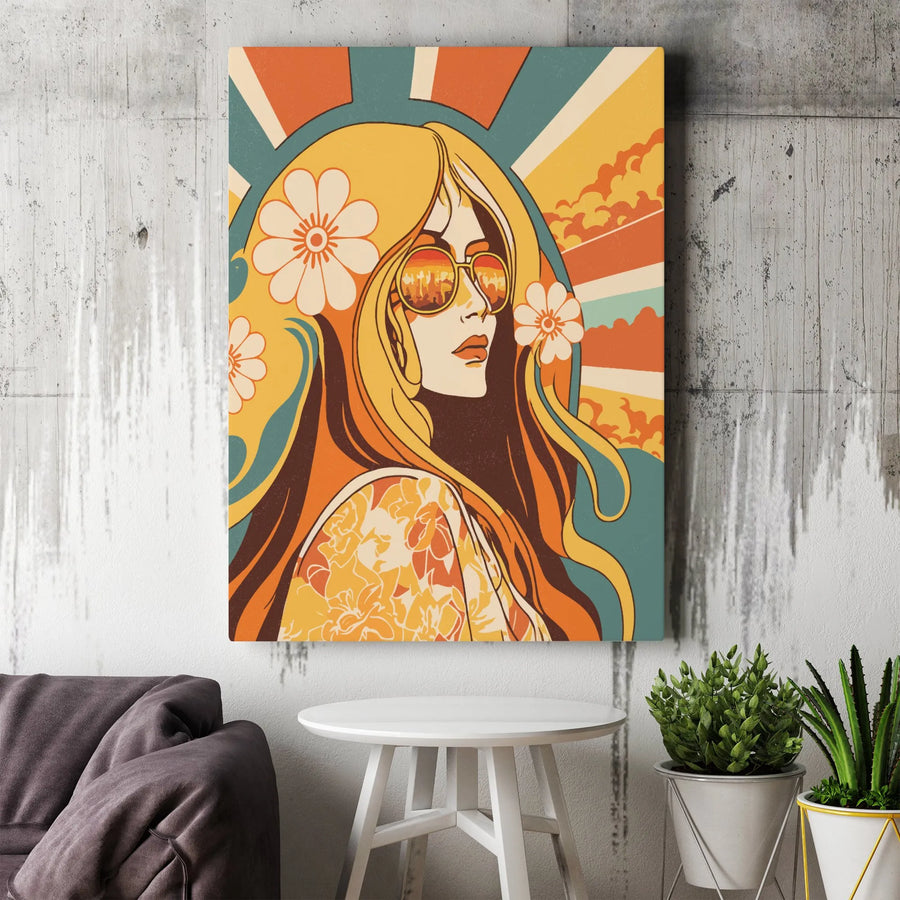 Retro 70s Hippie Woman Canvas Wall Art | Boho Floral Portrait Design | Premium Gallery Wrapped Print | Vintage Aesthetic Gift for Home Decor