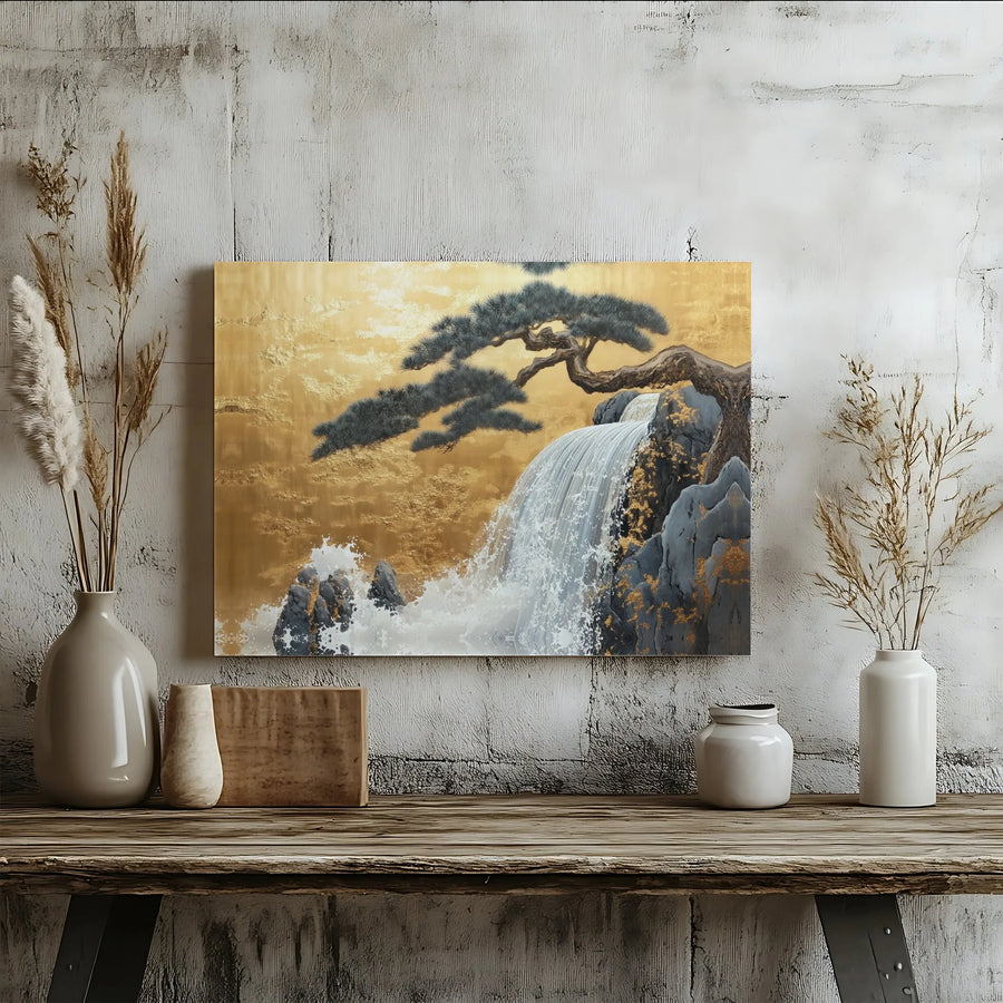 Japanese Waterfall Canvas Print | Ukiyo-e Style Pine Tree Art with Gold Background | 1.25" Thick Gallery Wrap | Zen Inspired Home Decor Gift