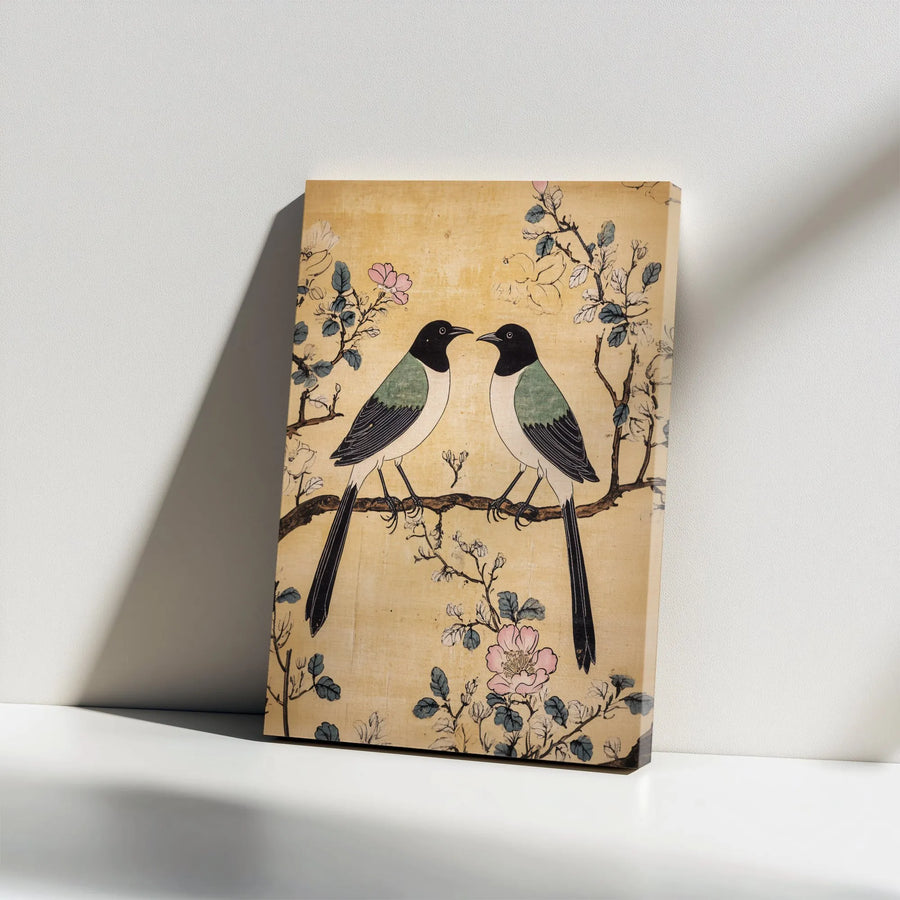 Japanese Bird Wall Art | Magpies on Flowering Branch Canvas | Premium Gallery-Wrapped Print | Elegant Home Decor Gift