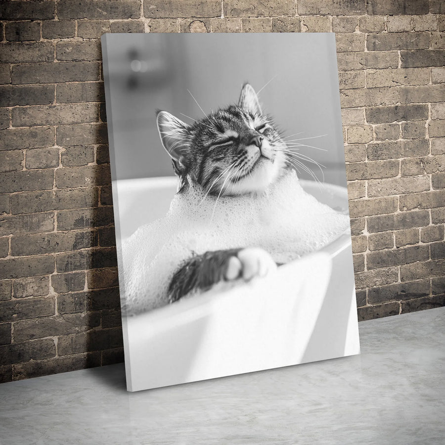 Funny Cat Bubble Bath Canvas Wall Art | Whimsical Monochrome Pet Portrait | Gallery Wrapped Premium Print | Unique Gift for Cat Lovers