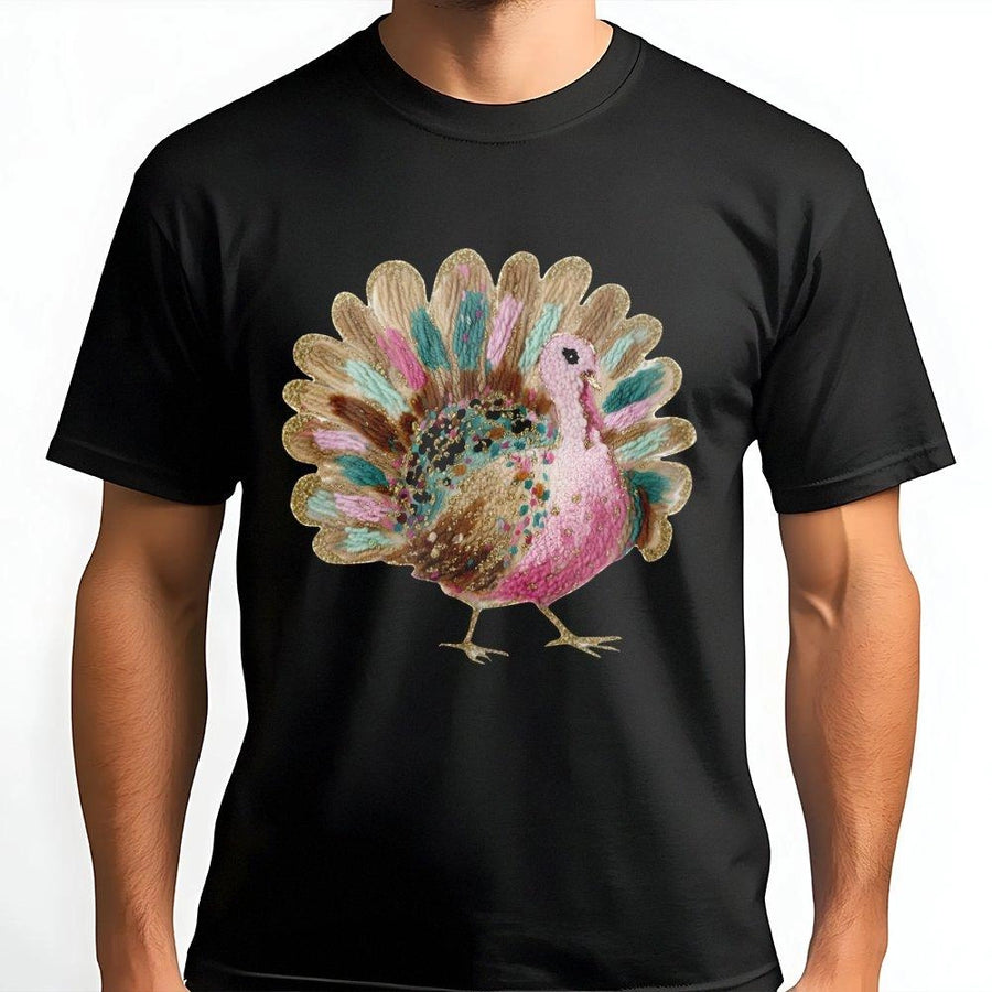 Turkey Graphic T-Shirt | Artistic Faux Yarn Thanksgiving Design | Premium Soft Cotton | Unique Holiday Gift for Turkey Lovers
