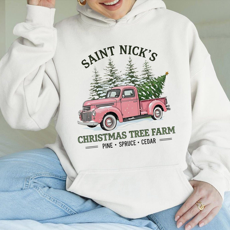 Saint Nick's Christmas Tree Farm Hoodie | Vintage Pink Truck Graphic | Cotton Blend Cozy Sweatshirt | Holiday Gift For Her Women Teens