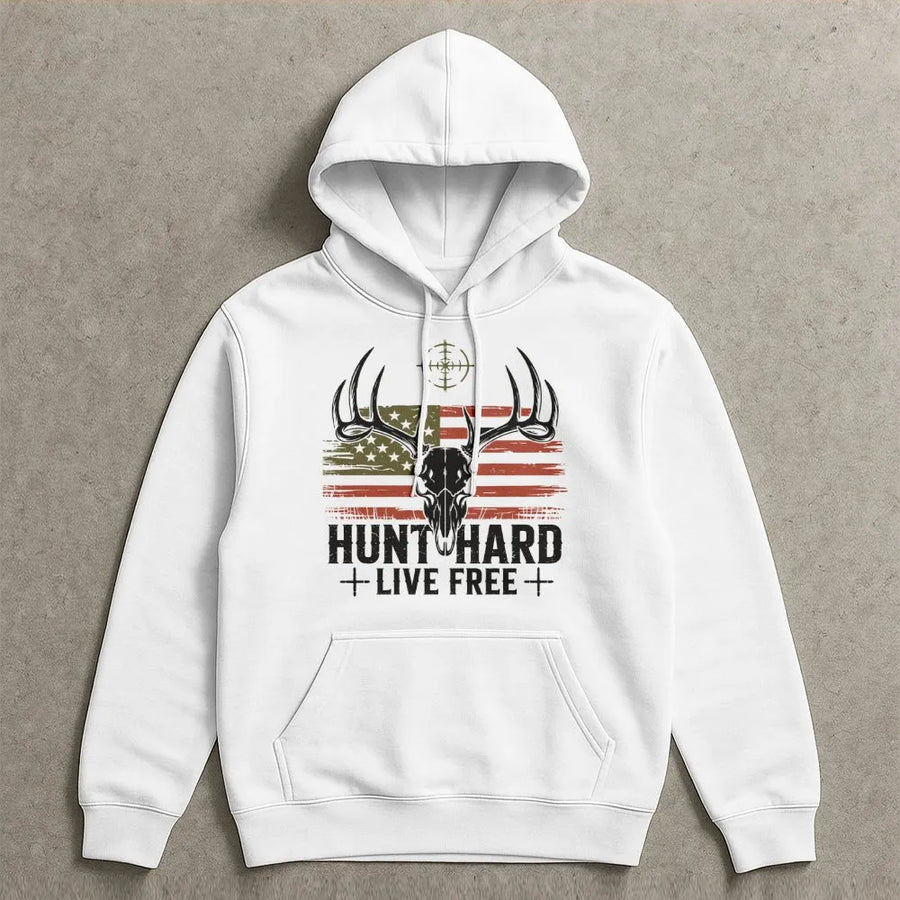 Hunt Hard Live Free Hoodie | Vintage Deer Skull American Flag Graphic | Premium Cotton Blend | Gift For Hunter Outdoorsman