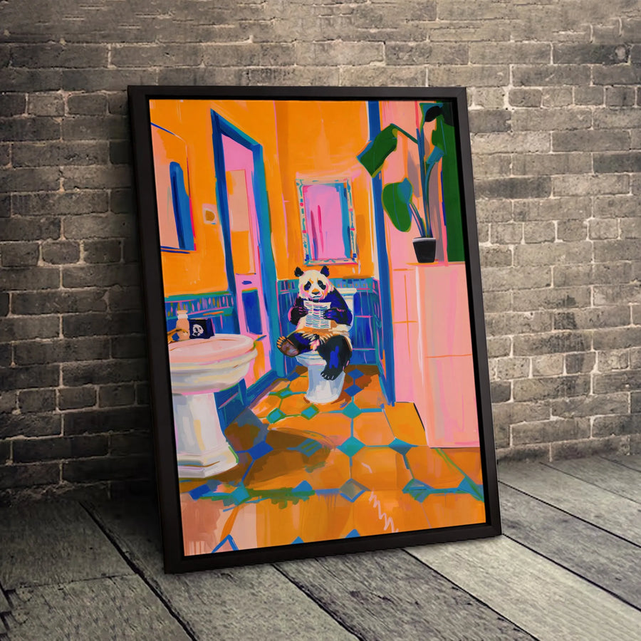 Panda Reading Newspaper on Toilet Canvas Art | Colorful Bathroom Wall Decor | Gallery Quality 1.25" Profile | Funny Animal Gift for Bathroom