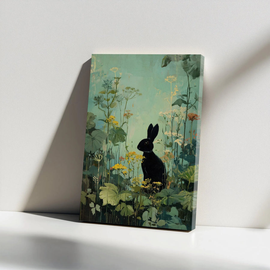 Black Rabbit Canvas Wall Art | Vintage Wildflower Meadow Painting | Premium Gallery Wrapped Print | Cottagecore Woodland Nursery Decor Gift