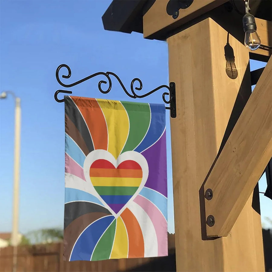 Progress Pride Garden Flag | Rainbow Heart Burst LGBTQ+ Design | Double-Sided Premium Polyester | Outdoor Pride Month Celebration Yard Decor Gift
