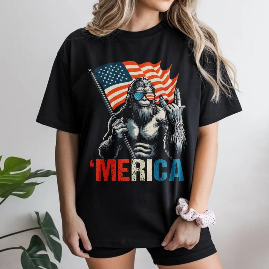 Bigfoot Merica T-Shirt | American Flag Sasquatch Graphic | Soft Cotton Blend Pullover | Funny Patriotic Gift for Men