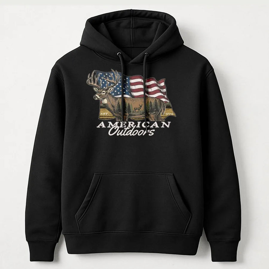 American Outdoors Deer Hunting Hoodie | Patriotic Flag Buck Graphic | Premium Cotton Blend | Gift for Hunter & Outdoorsman