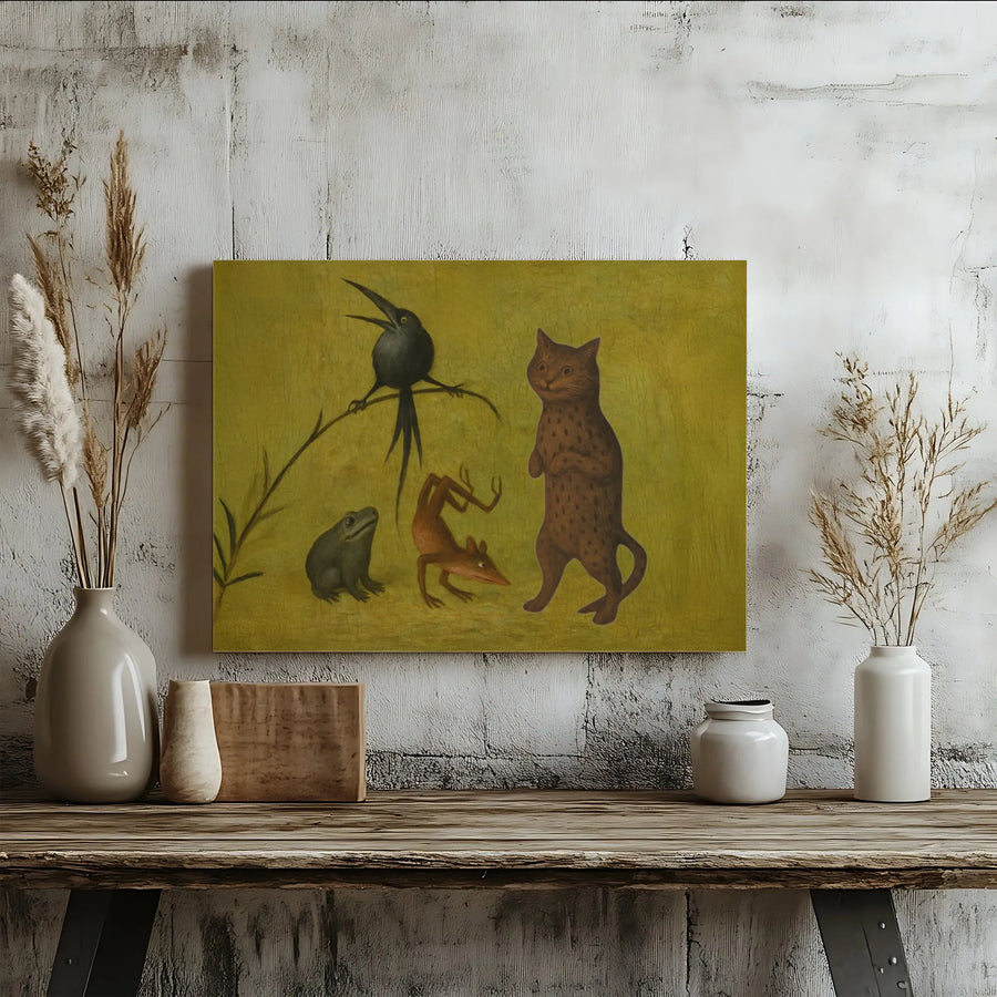 Bizarre Medieval Animal Canvas Print | Quirky Cat Bird Frog Fox Folk Art | Gallery-Quality 1.25” Thick Canvas | Dark Academia Home Decor
