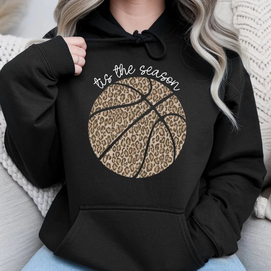 Leopard Basketball Hoodie | Tis The Season Graphic Print | Premium Cotton-Blend Pullover | Sporty Gift For Basketball Moms And Fans