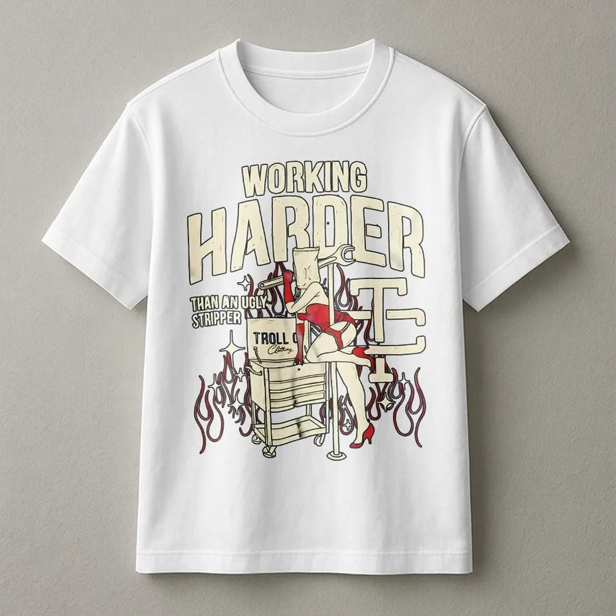 Funny Mechanic T-Shirt | Retro 'Working Harder' Graphic | Premium Cotton Blend | Gift for Mechanics & Blue Collar Workers