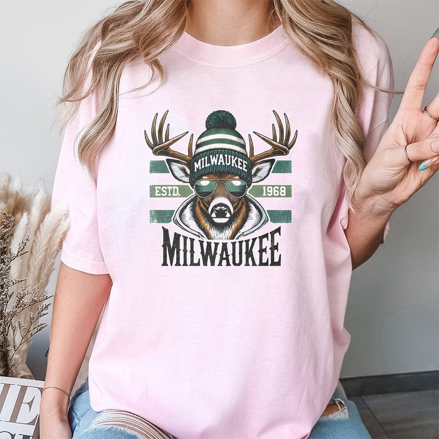 Milwaukee Basketball T-Shirt | Retro Deer Graphic with Beanie | Premium 100% Cotton | Gift for Wisconsin Sports Fans