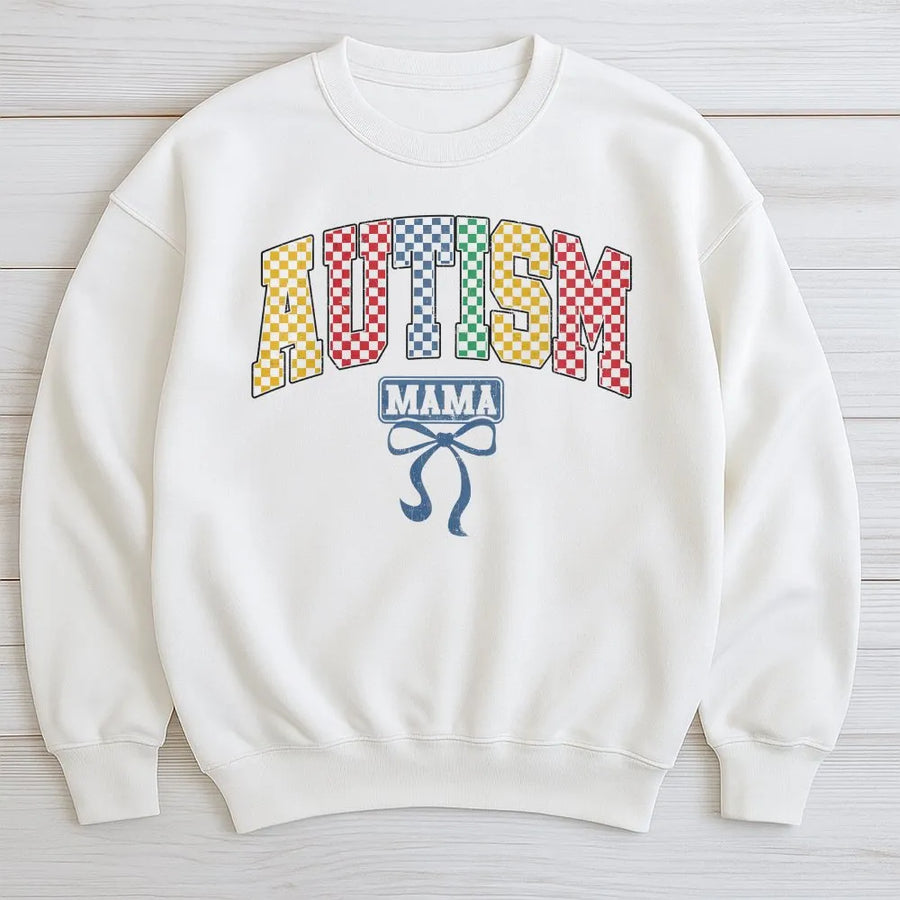 Autism Mama Sweatshirt | Retro Checkerboard Awareness Graphic | Premium Cotton Blend | Gift for Autism Mom Support and Advocacy