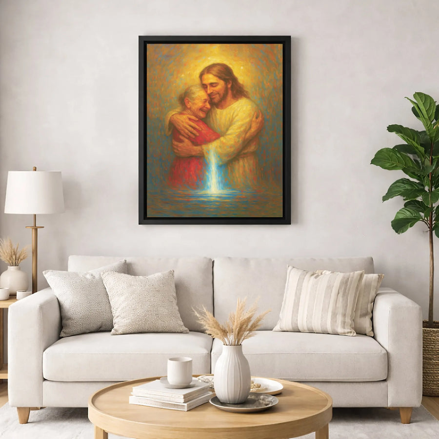 Jesus Hugging Elderly Woman Wall Art | Spiritual Comfort Canvas Print | Premium Gallery-Wrapped Decor | Religious Christian Home Gift