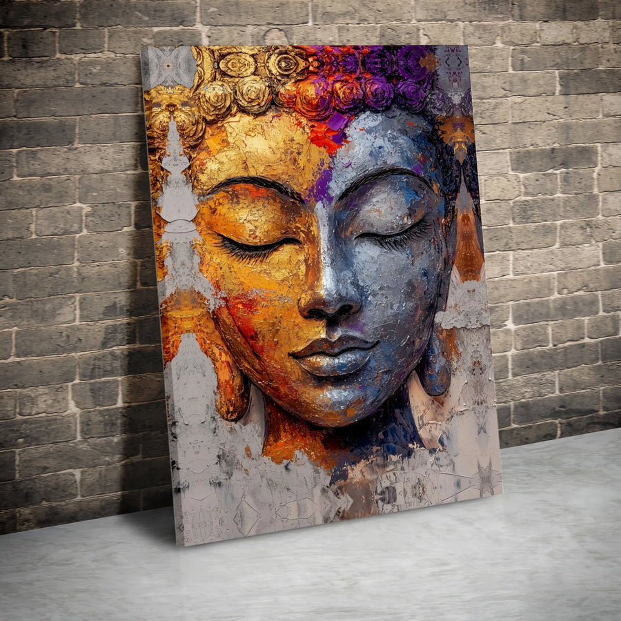 Buddha Face Canvas Wall Art | Textured Gold & Silver Abstract Print | Premium Gallery Wrapped Canvas | Yoga Studio & Meditation Room Decor Gift