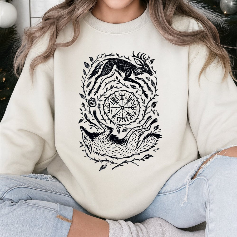 Norse Vegvisir Sweatshirt | Wolf and Stag Linocut Forest Design | Premium Unisex Pullover | Viking Folk Art Gift for Mythology Lovers