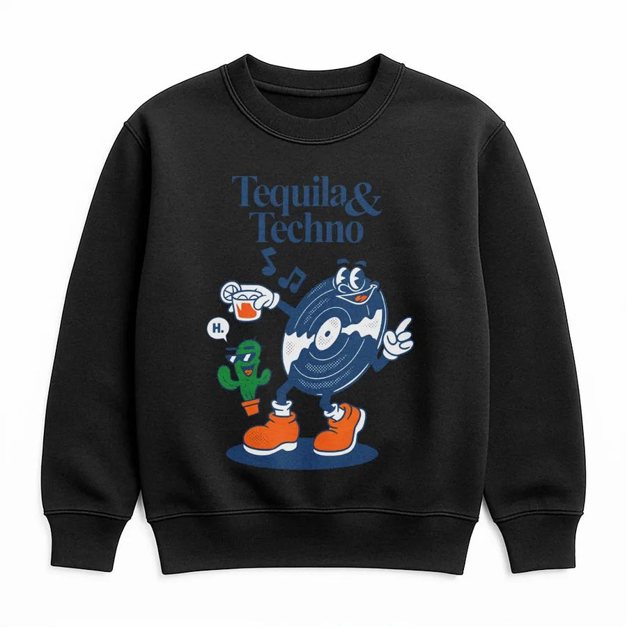 Tequila and Techno Graphic Sweatshirt | Retro Cartoon Music Mascot Design | Soft Breathable Cotton | Gift for DJ & Music Festival Goer