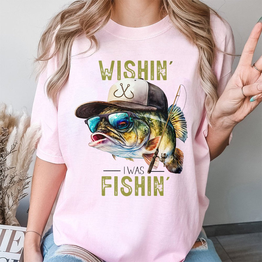 Wishin' I Was Fishin' T-Shirt | Cool Bass Fish Wearing Sunglasses Graphic | Premium Soft Cotton Tee | Funny Gift For Fisherman & Outdoorsmen