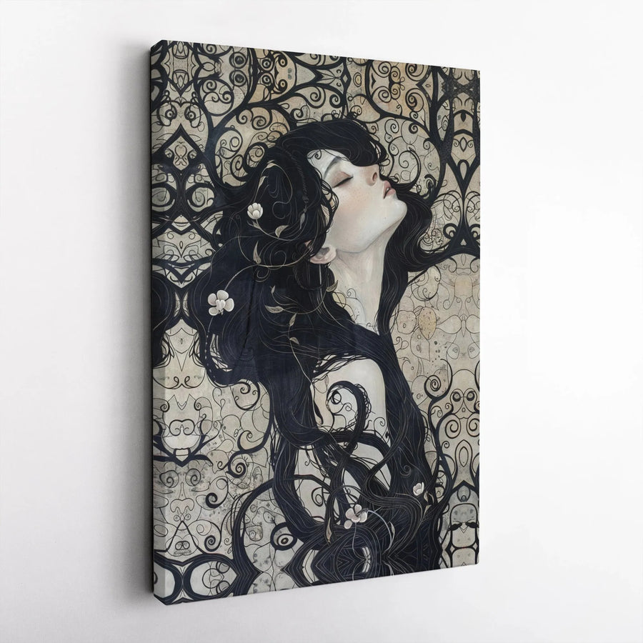 Art Nouveau Woman Wall Art | Ethereal Portrait with Flowing Hair | Premium Gallery Wrapped Canvas | Elegant Home Decor Gift