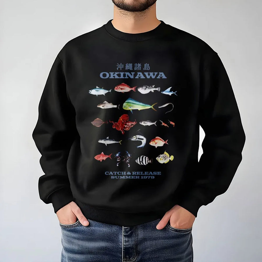 Okinawa Fish Sweatshirt | Retro 1979 Japanese Fish Identification Chart | Soft Cotton Blend Pullover | Premium Angler & Marine Biology Gift