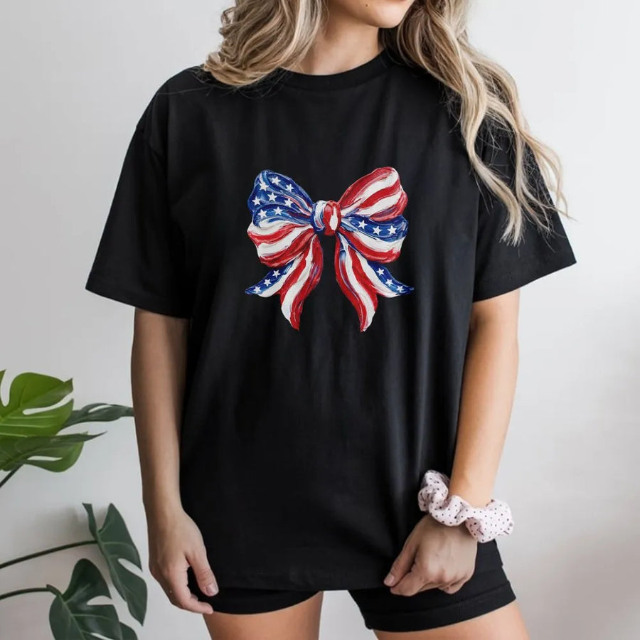 American Flag Bow T-Shirt | Coquette Patriotic Graphic Pullover | Soft Unisex Crewneck | 4th of July Independence Day Gift for Her